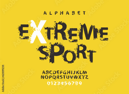 Extreme sport lettering with spots in grunge style. Splash Alphabet, vector set of abstract alphabet letters and numbers on a light background. Creative font for headline, poster, label, logo