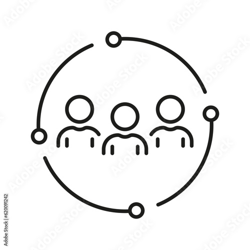 Employee Team Line Icon. People in Circle, Social Group Unity Linear Pictogram. Business Partnership, Corporate Outline Symbol. Teamwork, Public Crowd. Editable Stroke. Isolated Vector Illustration