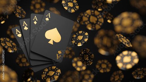 Foto Casino game poker card playing gambling chips black and gold style banner backdrop background Concept