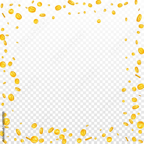American dollar coins falling. Scattered gold USD