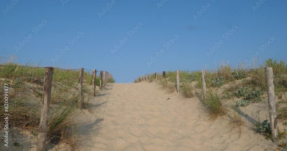 A small path of sand on the Atlantic coast. June 2023 - Cap Ferret, France. A small path of sand on the Atlantic coast. June 2023 - Cap Ferret, France.