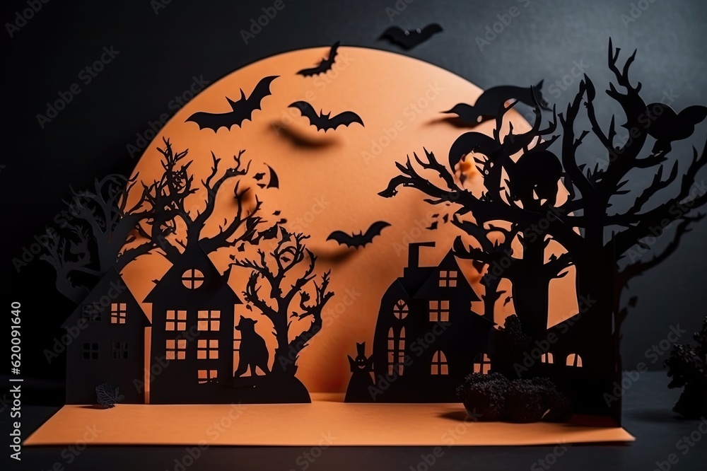 Halloween card with space for text, paper craft. With Generative AI technology