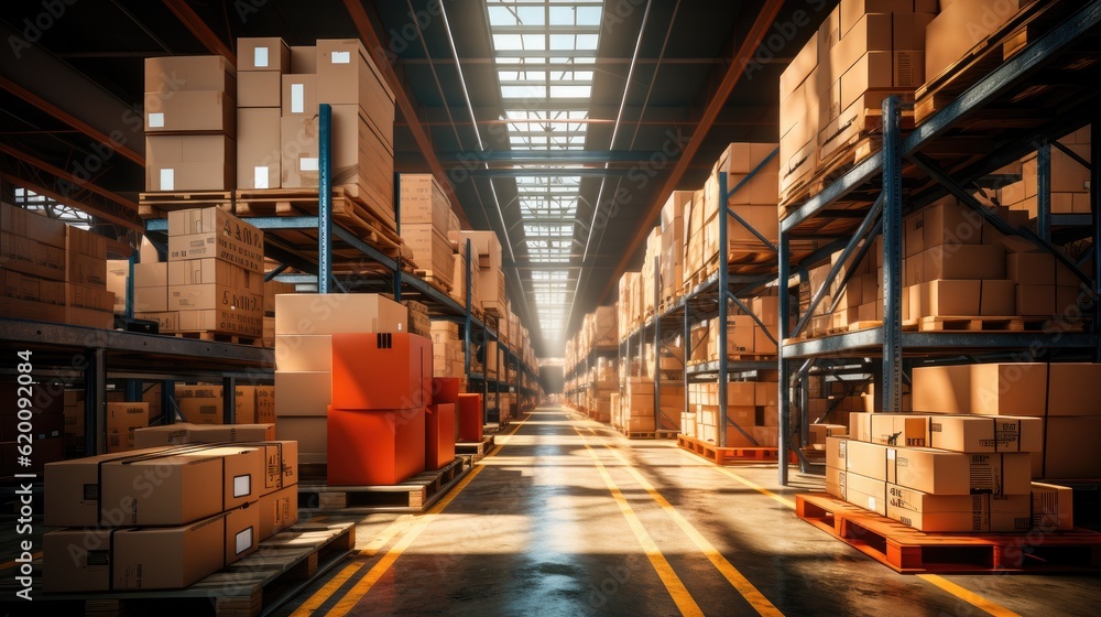 Warehouse or storage and shelves with cardboard boxes, Warehouse interior with shelves, Pallets and boxes. Warehouse or storage and shelves with cardboard boxes, Warehouse interior with shelves, Pallets and boxes.