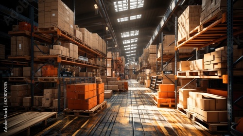 Warehouse or storage and shelves with cardboard boxes, Warehouse interior with shelves, Pallets and boxes.