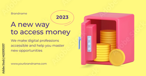 Money safe banking storage protecting savings golden metal coins 3d promo banner realistic vector