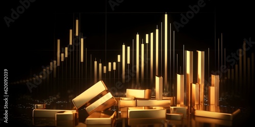 Gold bar stack and investment stock graph business concept on gold particles background with growth financial money exchange chart coin treasure. Generative AI