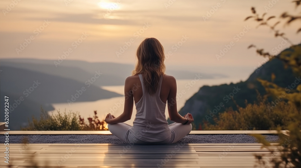 Young woman doing Yoga and stretching muscle in morning, wellness, fitness, Vitality, healthy girl meditation against mountain view, exercise and work life balance concepts