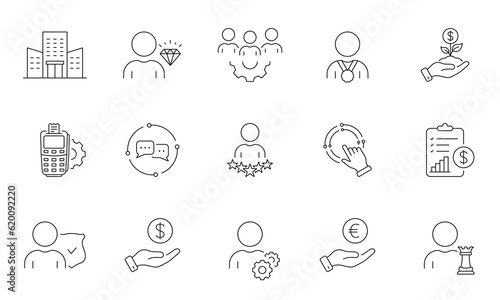 Business Strategy Line Icon Set. Client Oriented Service, Customer Satisfaction Growth Linear Pictogram. Development Outline Symbol. Finance Payment. Editable Stroke. Isolated Vector Illustration