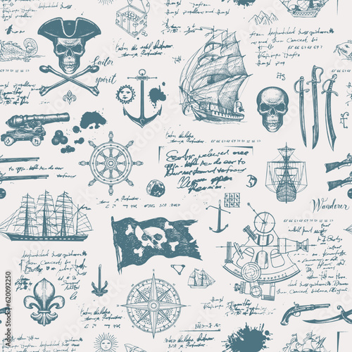 Vector abstract seamless pattern with Jolly Roger skulls, crossbones, pirate flag, swords, guns, caravels and other nautical symbols. Vintage hand-drawn background with illegible handwritten notes