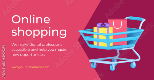 Online shopping 3d promo banner internet order delivery grocery supermarket cart realistic vector