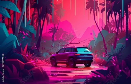 Jeep jungle sunset. Generate Ai