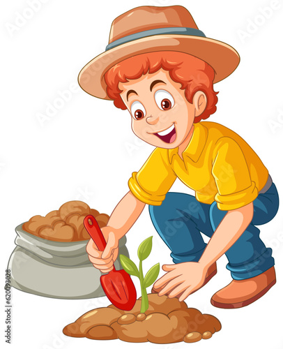 Farmer planting small plant on the ground isolated