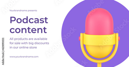 Podcast audio blog show content webinar radio internet broadcasting 3d banner realistic vector