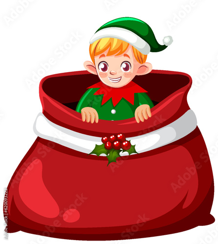 Cute elf cartoon in the Christmas bag