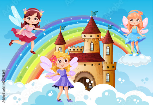 Faries flying on sky and castle background