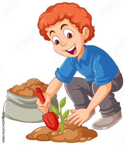 Farmer planting small plant on the ground isolated