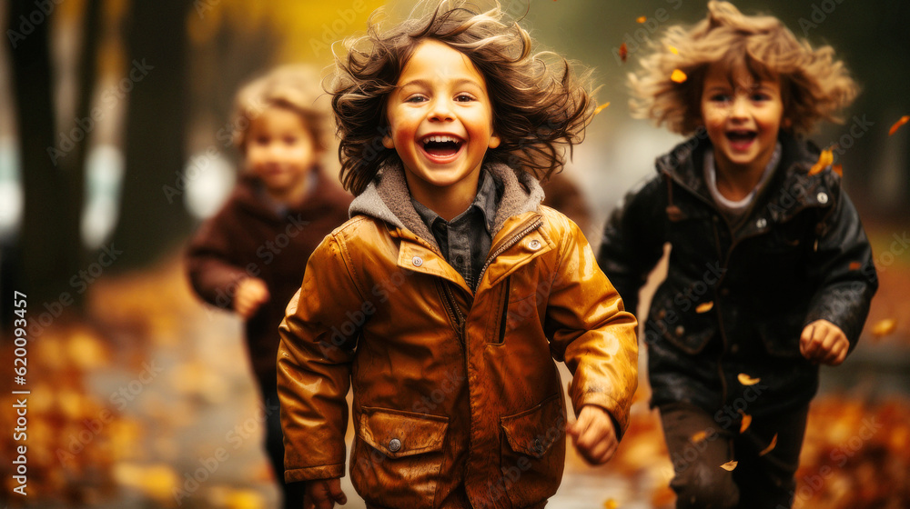 Pure Joy. Children of all races create joyous uproar in an autumn park, transforming rain-soaked leaves into playthings. Their laughter perfumes the misty air. Generative AI Pure Joy. Children of all races create joyous uproar in an autumn park, transforming rain-soaked leaves into playthings. Their laughter perfumes the misty air. Generative AI