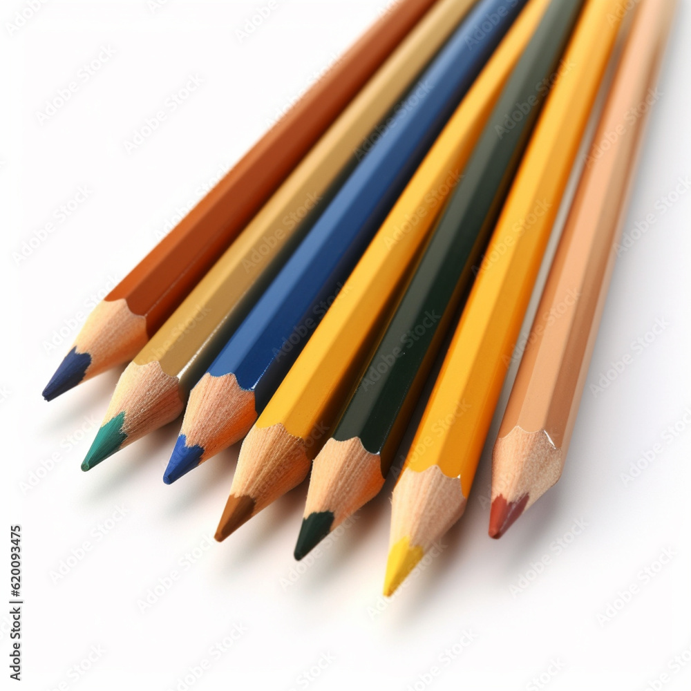 Fototapeta premium Pile of colored pencils from top perspective, on white background