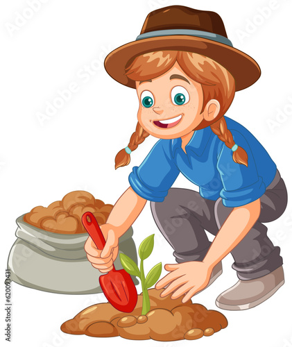 Farmer planting small plant on the ground isolated