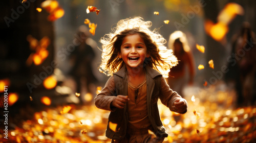 Pure Joy. Children of all races create joyous uproar in an autumn park, transforming rain-soaked leaves into playthings. Their laughter perfumes the misty air. Generative AI