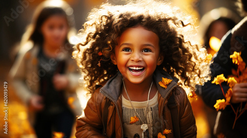 Pure Joy. Children of all races create joyous uproar in an autumn park, transforming rain-soaked leaves into playthings. Their laughter perfumes the misty air. Generative AI © neo