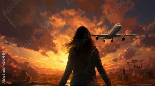 girl looks at the plane.