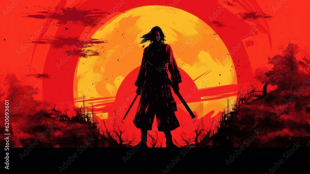 post apocalypse, samurai at sunset.