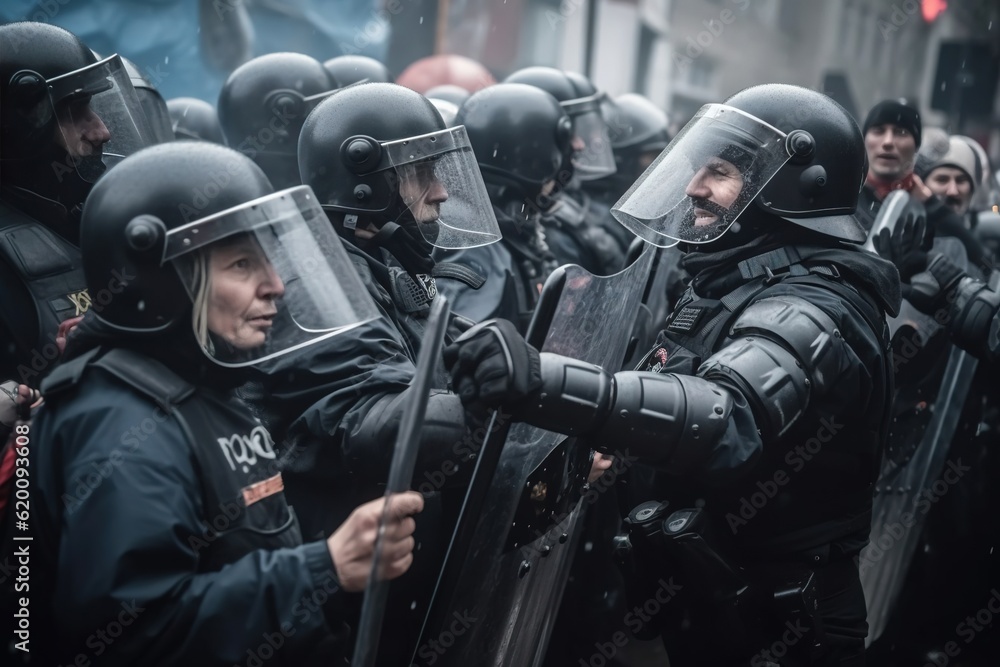 Riot police officers fight with protesters during demonstrations. Created with Generative Ai technology. Riot police officers fight with protesters during demonstrations. Created with Generative Ai technology.