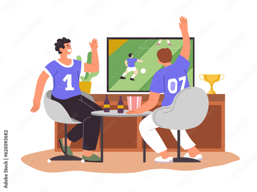 Football fans watching sports game and laughing