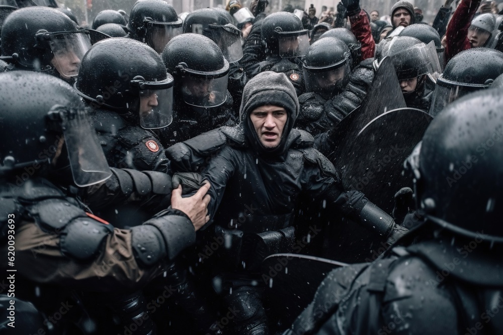 Fototapeta premium Riot police officers fight with protesters during demonstrations. Created with Generative Ai technology.