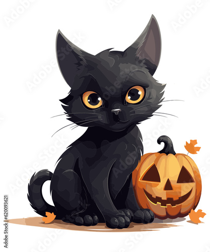niedliche, süße schwarze Katze sitzt neben einem Kürbis Halloween