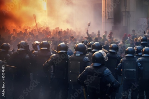 Riot police officers fight with protesters during demonstrations. Created with Generative Ai technology.