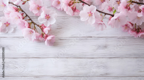 Pink cherry blossoms on white wooden background 
