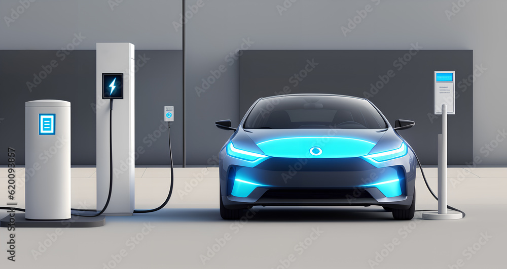 A concept EV is charging at a charging station. generative ai A concept EV is charging at a charging station. generative ai