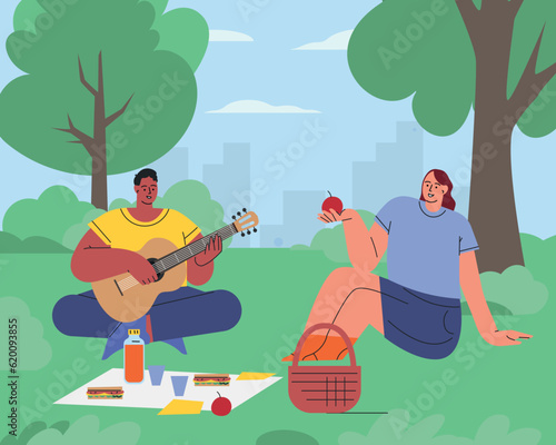 People in the park. Summer vacation and picnic. A man plays the guitar, a girl eats an apple. Flat vector illustration. Vector illustration