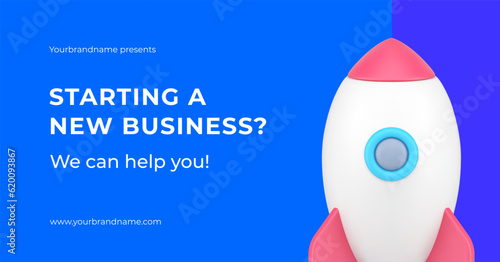 Startup starting new business promo 3d banner brand announce realistic vector illustration