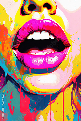Colorful close up illustration of a mouth wide open with lipstick and covered in bright colored paint generative ai.