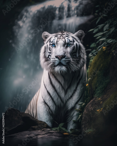 Portrait of a white tiger with colorful eyes looking towards the camera while standing in front of a waterfall in autumn generative AI.