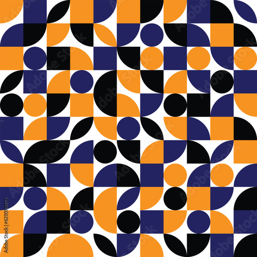 Seamless Bauhaus style print design. simple repeating shapes mosaic background with blue black and orange color.