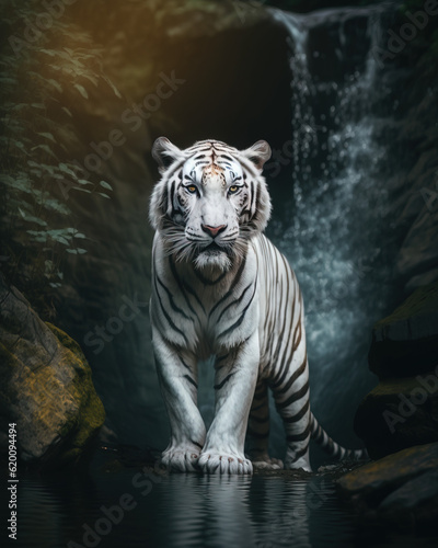 Portrait of a white tiger with colorful eyes looking towards the camera while standing in front of a waterfall in autumn generative AI. © R Ubink