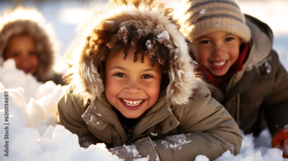 Sunny winter day, children's joy ignites the air as snowballs fly. Laughter echoes, the sun sparkles on the snow, making their play radiant. Pure Joy. Generative AI Sunny winter day, children's joy ignites the air as snowballs fly. Laughter echoes, the sun sparkles on the snow, making their play radiant. Pure Joy. Generative AI