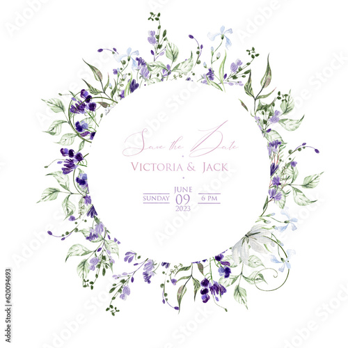 Watercolor wedding card with wisteria and wild flowers, green leaves.