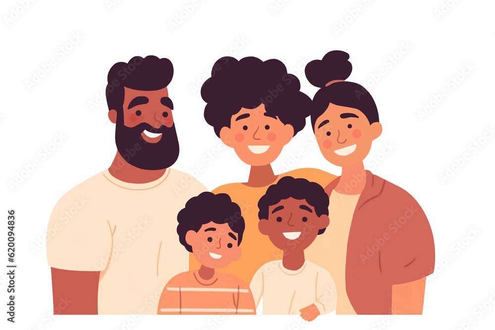 Generative AI. Happy familie.Mother, father and sons. Trendy flat family. Happy multicultural family hugging. Parent-child relationship, communication concept. 