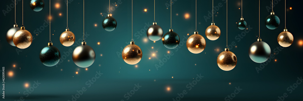 Obraz premium Luxury Christmas banner with hanging gold and green balls on a sparkeling background. Illustration AI Generative.