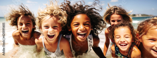 On a sunny beach, diverse children gather, their laughter filling the air. United by friendship, they enjoy the sun, sand, and sea, showcasing pure joy, friendship knows no race. Generative AI 