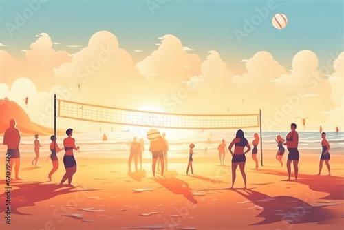 sun-kissed and competitive beach volleyball action under the setting sun