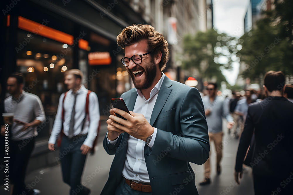 Happy business man in the street using his phone and very happy.