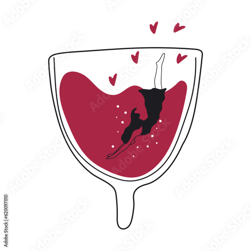 Trendy female characters swim in menstrual cup. Girl having menstrual period, menstruation, premenstrual syndrome, PMS, female reproductive system.