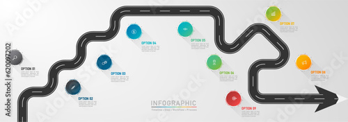 Business road map infographic. Pathway with flat icon template vector illustrator. 9 step concept presentation.
