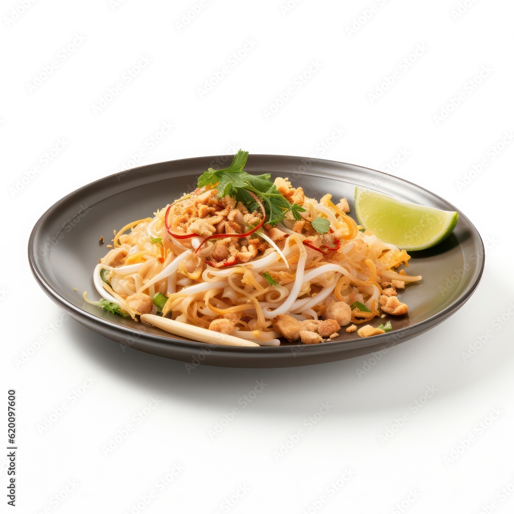 a plate of pad thai on white background for food photography generative ai